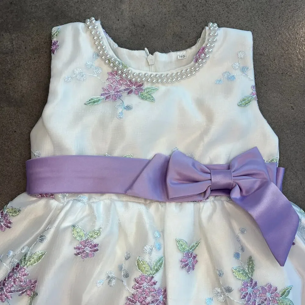 Girls floral Embroidered lavendar satin bow formal dress pearl collar Toddler 4T